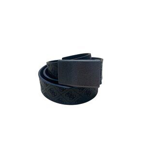 Guess Mens Black Leather Logo Belt Adjustable Polished Plaque Textured Buckle